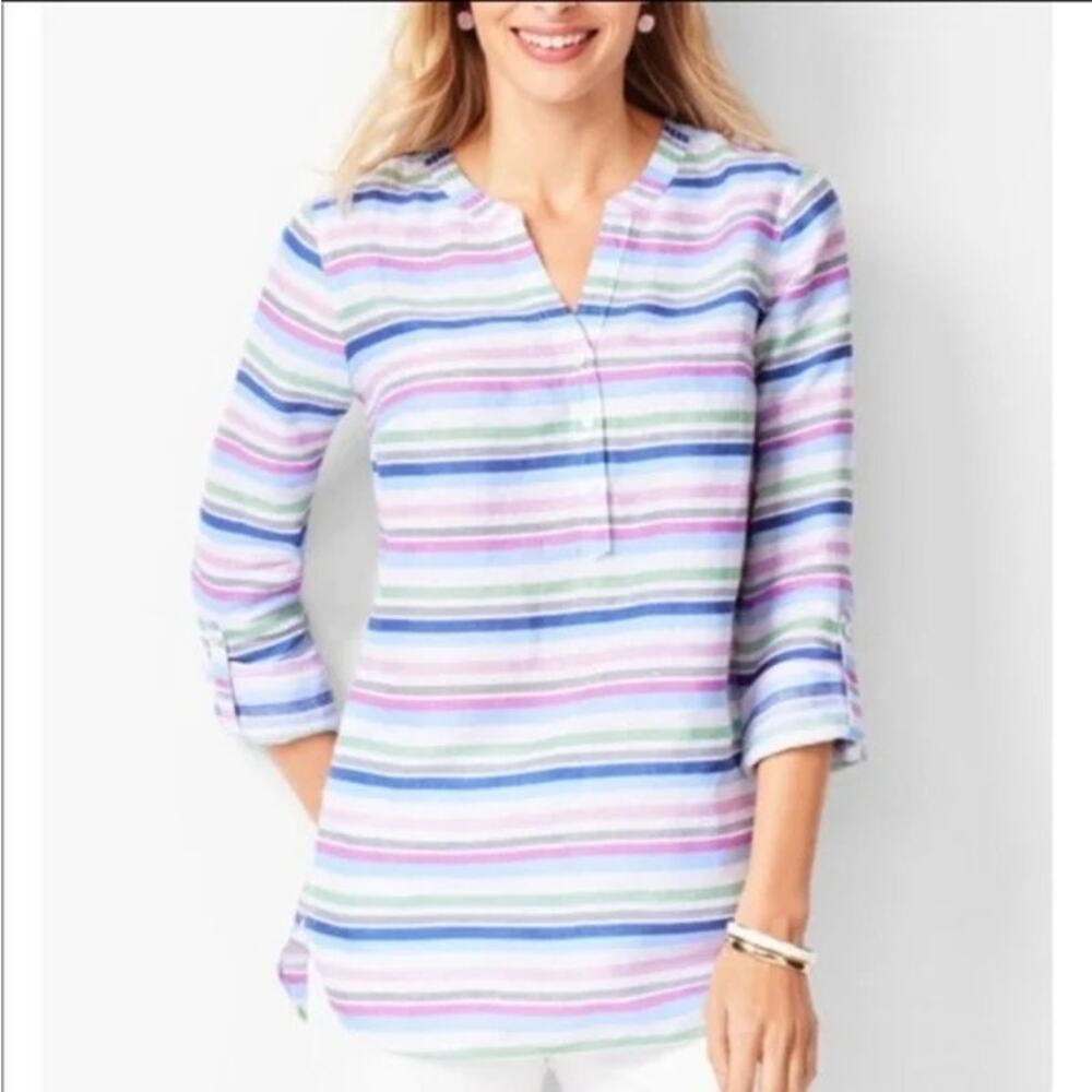 Talbots Large Linen Pastel Stripe Camp Shirt with Adjustable Sleeves